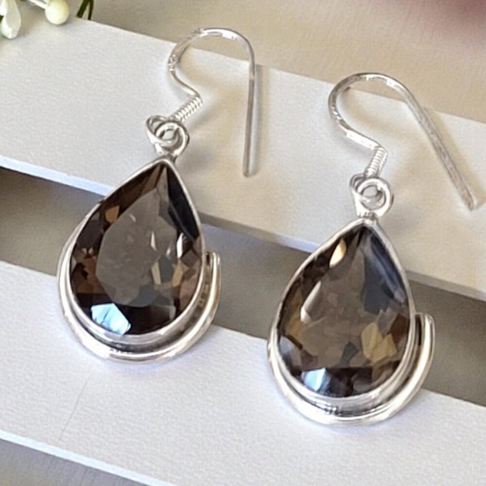 Smoky Teardrop Crystal Dangle Earrings - Silver